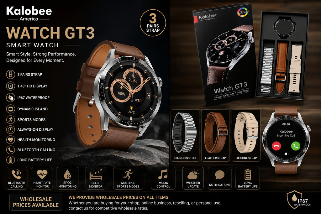 Kalobee GT3 Smart Watch — Brown Leather-Style