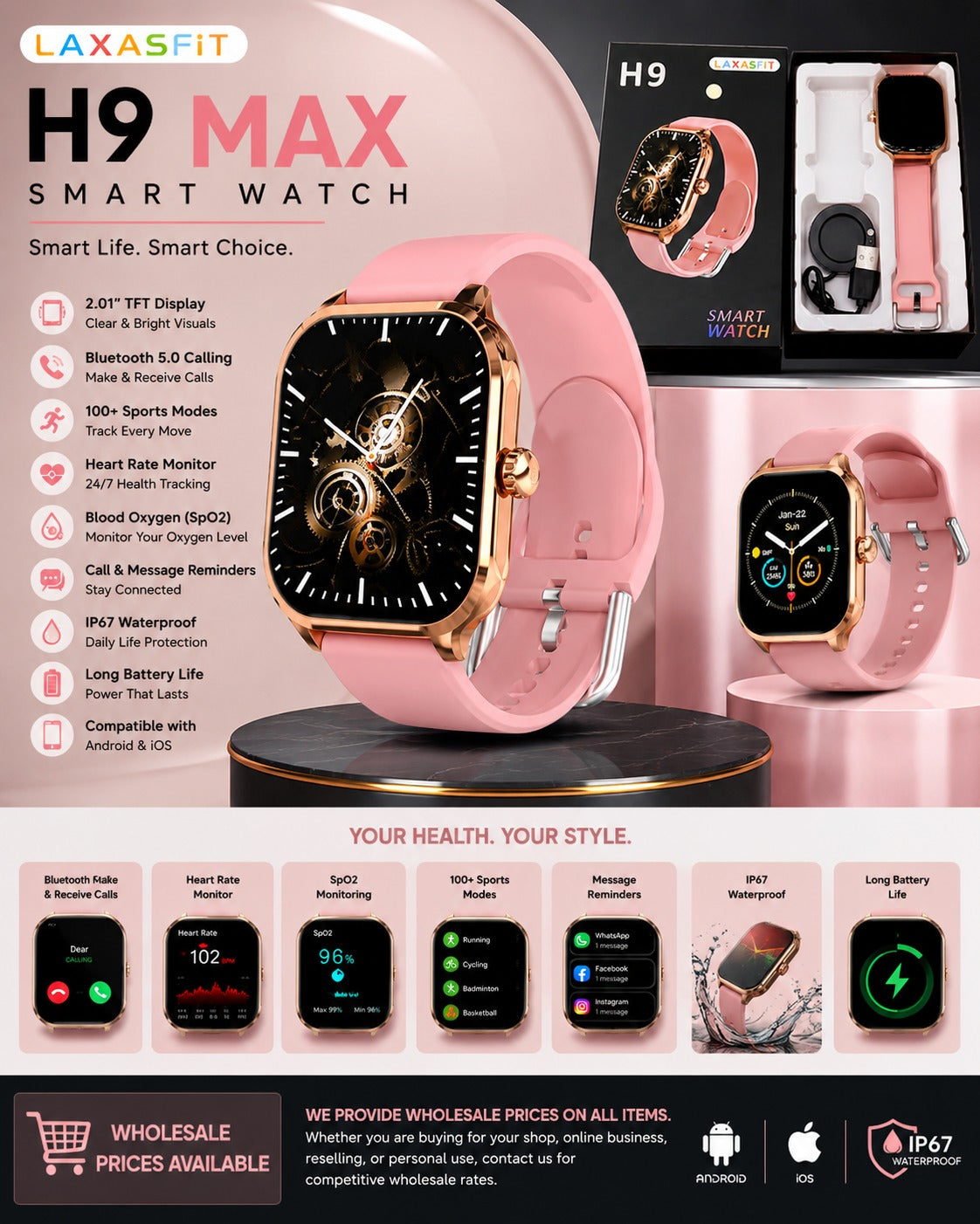 H9 Max Smart Watch — Rose Gold